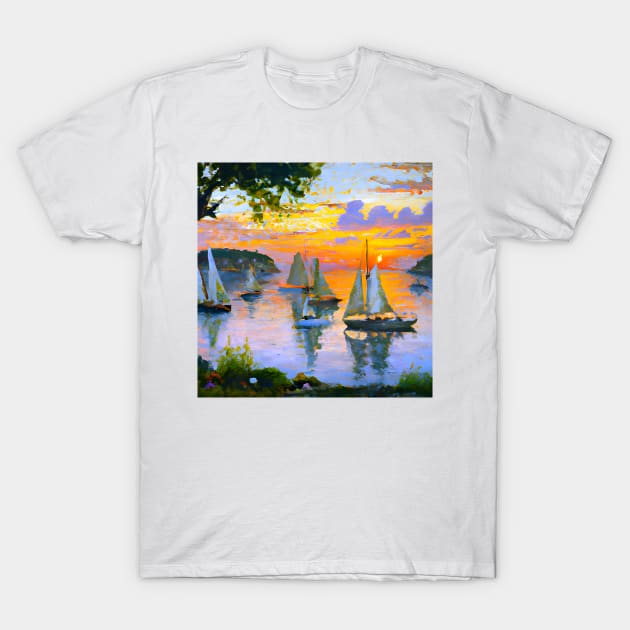 sailing boats sunset island T-Shirt by druidwolfart